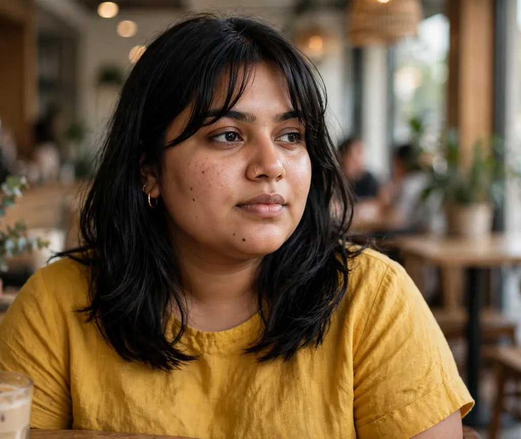 Plus-size woman with straight black mid-length hair with curtain bangs, wearing a yellow top at a cafe
