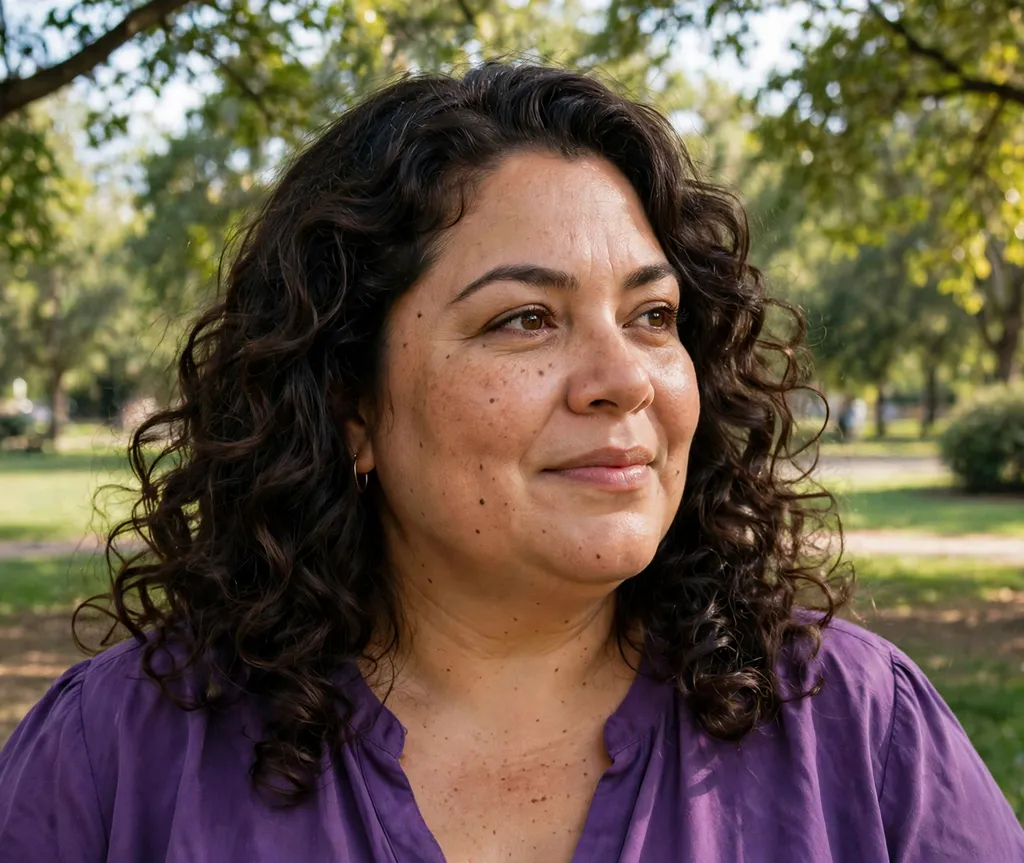 Plus-size woman with bouncy dark-brown medium-length curls, wearing a purple blouse in a park