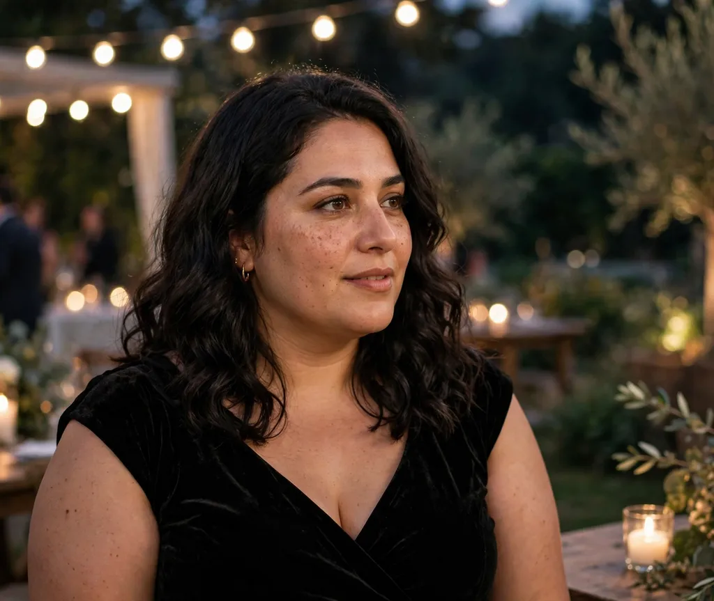 Plus-size woman with deep glossy dark medium-length waves, wearing a black evening dress at an evening event