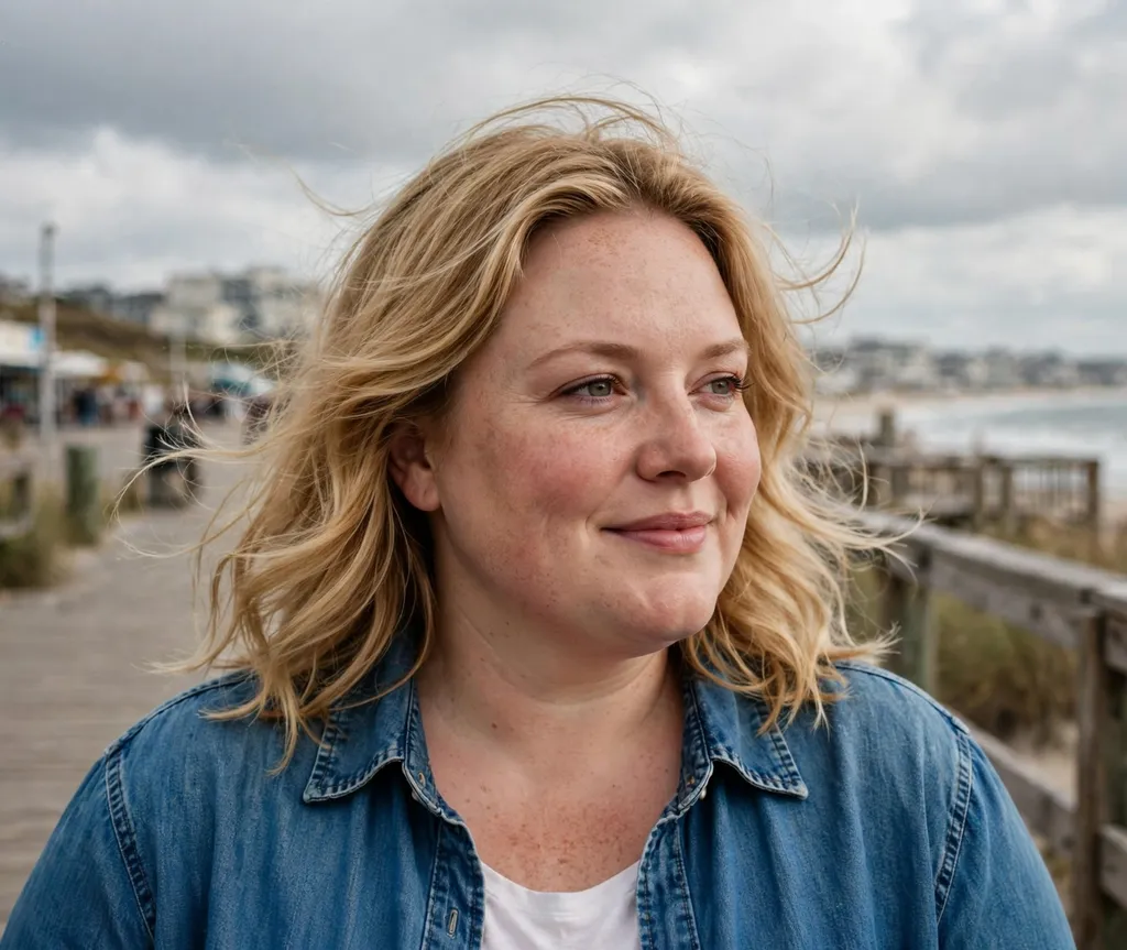 Plus-size woman with blonde shoulder-length hair with flicked-out ends, wearing a denim shirt on a boardwalk