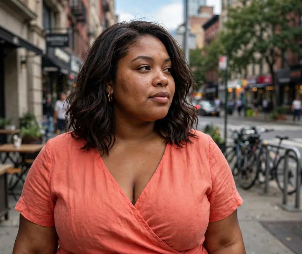 Plus-size woman with a wavy dark-brown layered shoulder-length lob, wearing a coral dress on a city street
