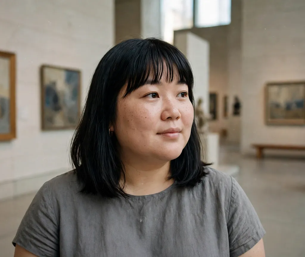 Plus-size woman with a black collarbone-length cut with blunt bangs, wearing a gray dress in a museum