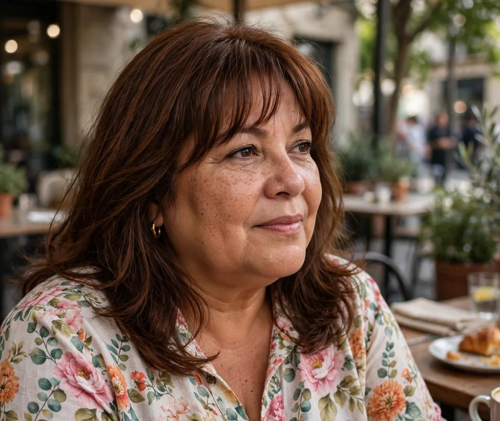 Plus-size woman with chestnut medium-length hair with a soft face-framing fringe, wearing a floral blouse at a cafe