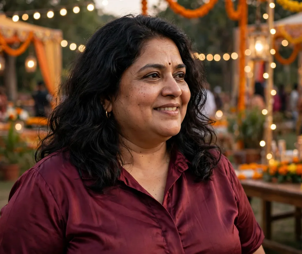 Plus-size woman with thick black voluminous medium-length waves, wearing a maroon blouse at a festive event