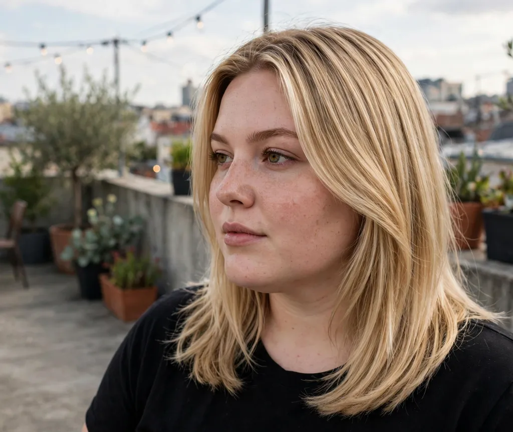Plus-size woman with sleek blonde layered mid-length hair, wearing a black top on a rooftop