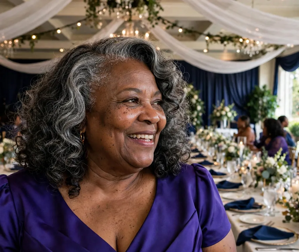 Plus-size older woman with voluminous salt-and-pepper shoulder-length curls with a side part, wearing a royal purple dress at a celebration