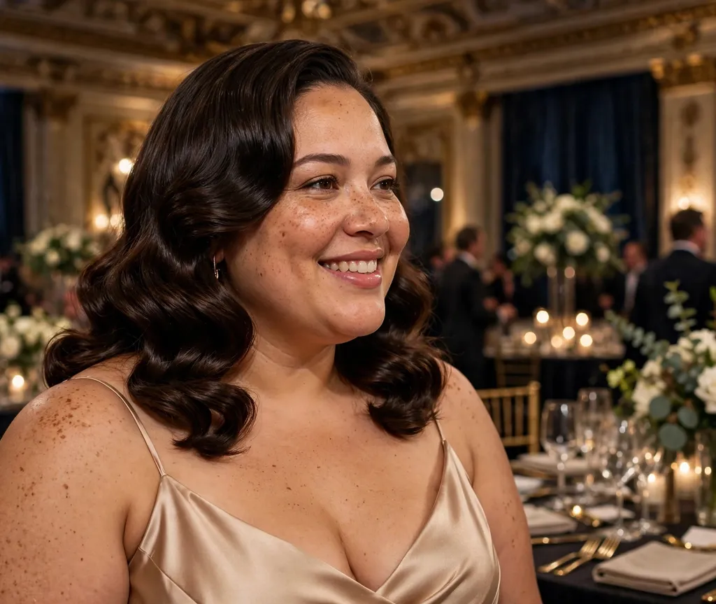 Plus-size woman with polished glossy dark-brown medium-length waves, wearing a champagne dress at a gala