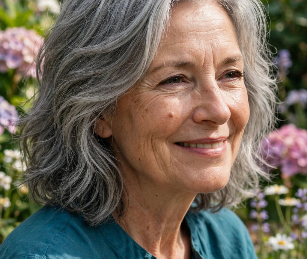 A silver-gray layered lob with soft waves on a smiling woman in her 60s in a garden