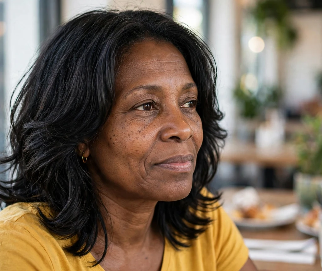 A Black woman in her 50s with a natural black layered lob at a cafe