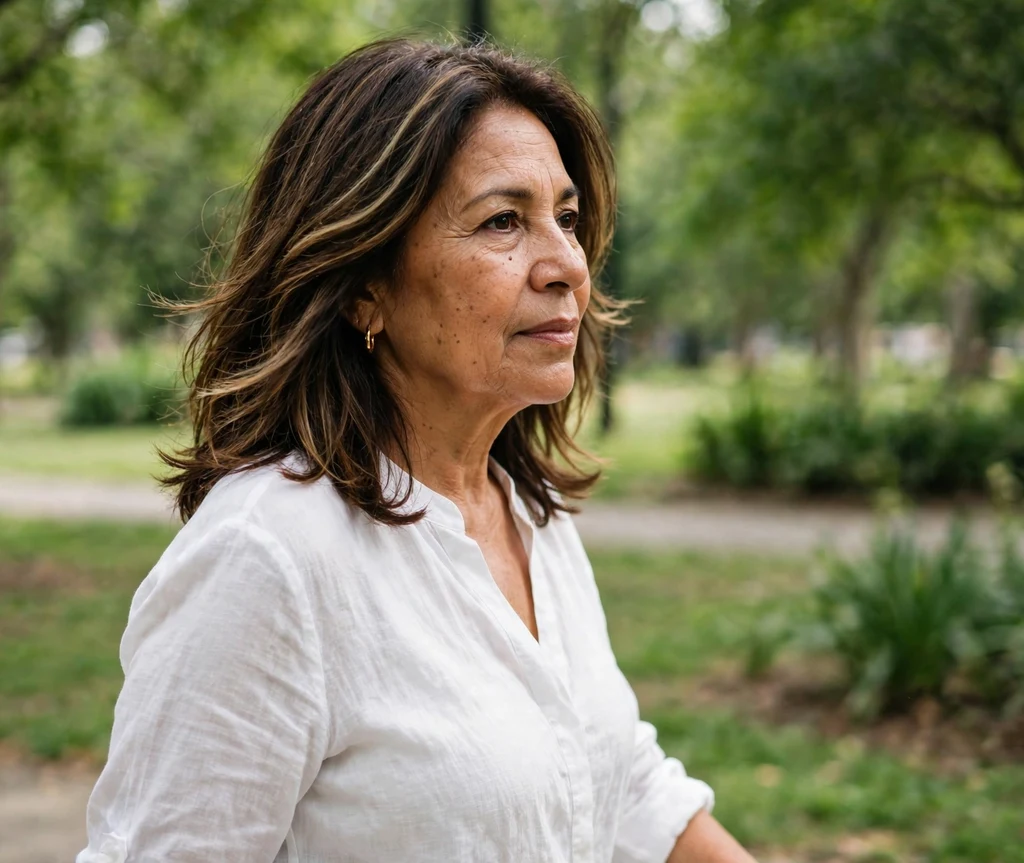 A Latina woman in her late 50s with feathered dark brown layers and caramel highlights in a park