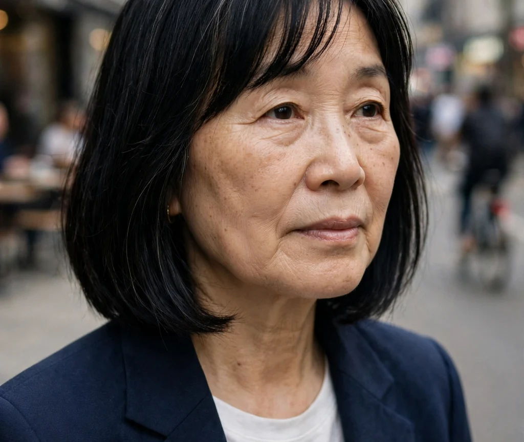 An East Asian woman in her early 60s with a straight black shoulder-length bob with curtain bangs on a city street
