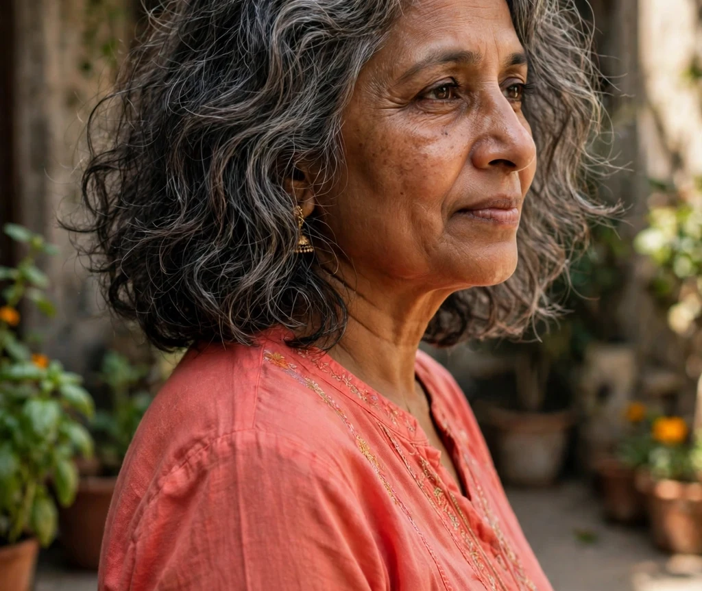 A South Asian woman in her mid 50s with voluminous wavy salt-and-pepper lob in a courtyard