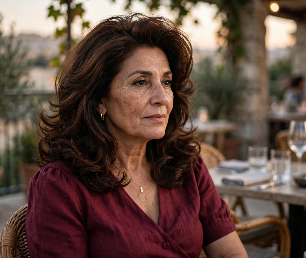 A Middle Eastern woman in her late 50s with sleek dark chestnut blowout waves on a restaurant terrace