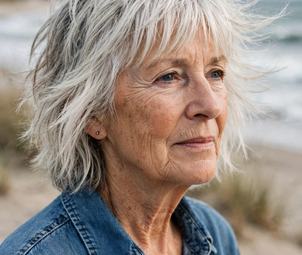A Caucasian woman in her early 70s with white tousled beachy shag layers at the beach