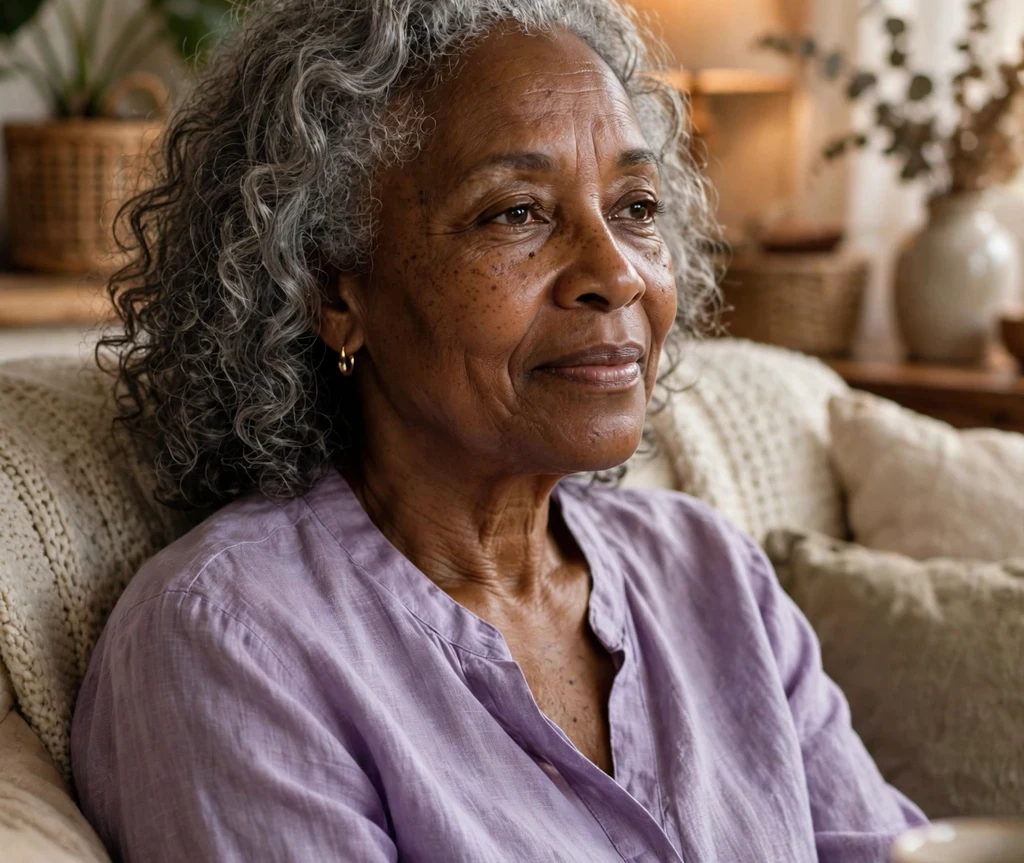 A Black woman in her early 60s with a gray natural curly lob in a living room