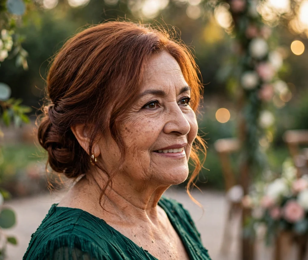 A Latina woman in her mid 60s with an auburn low twisted hairstyle at a garden wedding