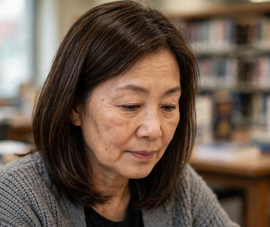 An East Asian woman in her late 50s with polished straight dark brown shoulder-length layers in a library