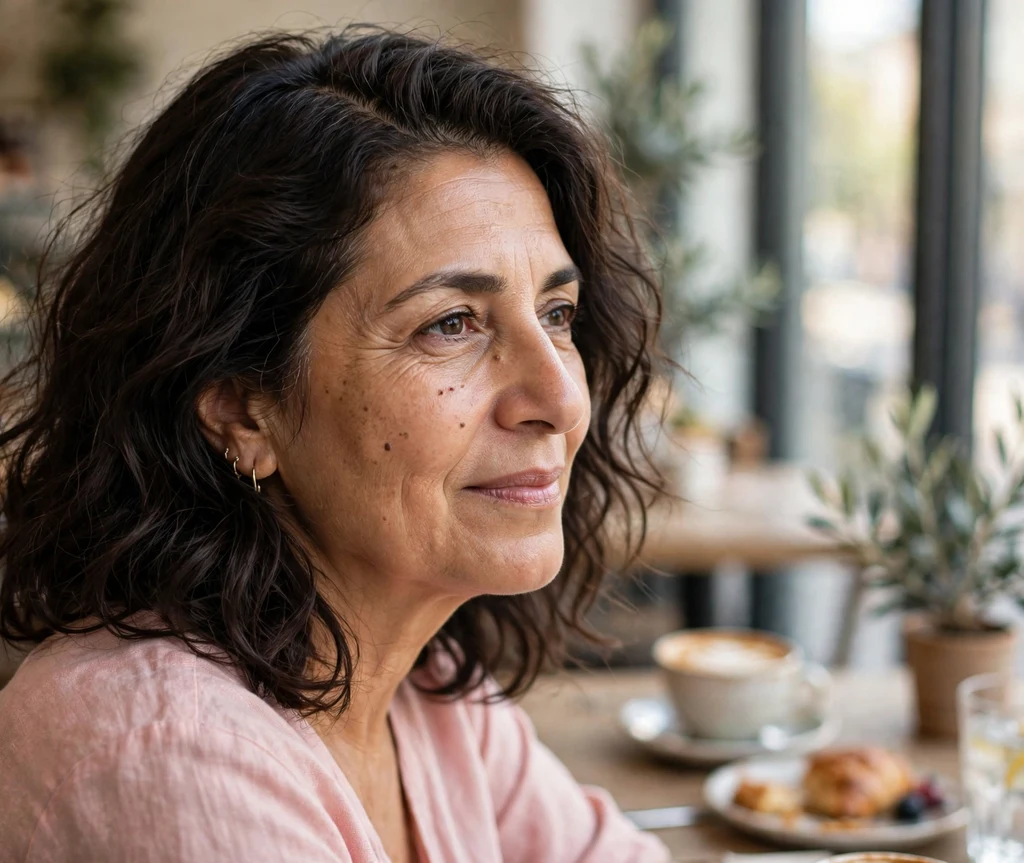 A Middle Eastern woman in her mid 50s with a dark brown wavy side-part lob at a cafe