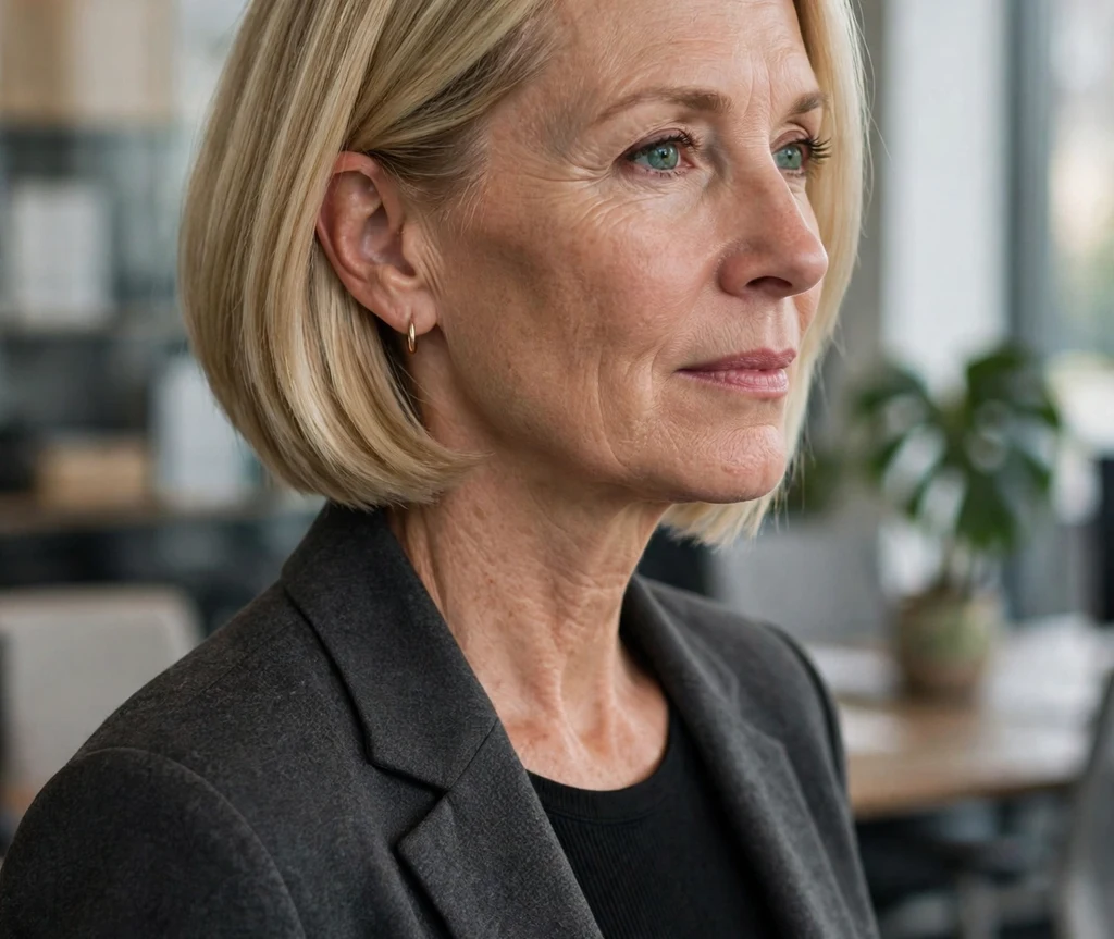 A Caucasian woman in her late 50s with a blonde angled bob in an office