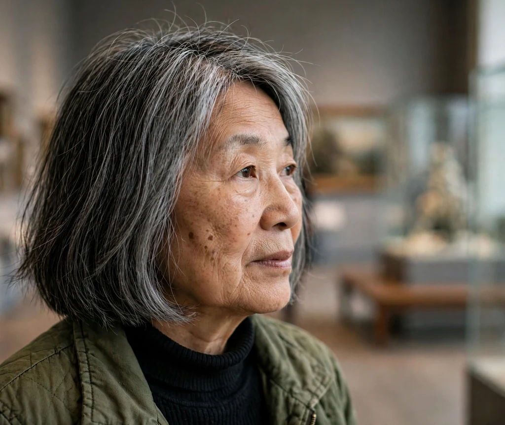 An East Asian woman in her mid 60s with a salt-and-pepper blunt shoulder cut at a museum