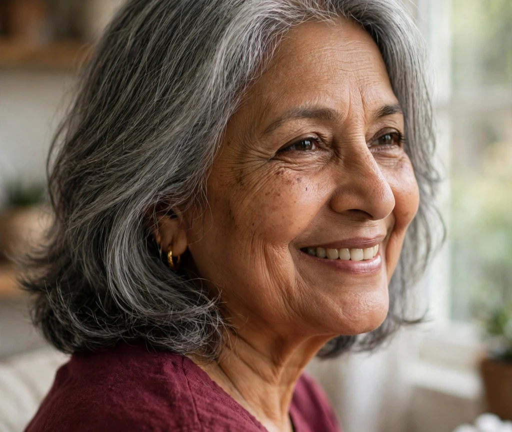 A South Asian woman in her late 60s with gray shoulder-length hair in a maroon top at home