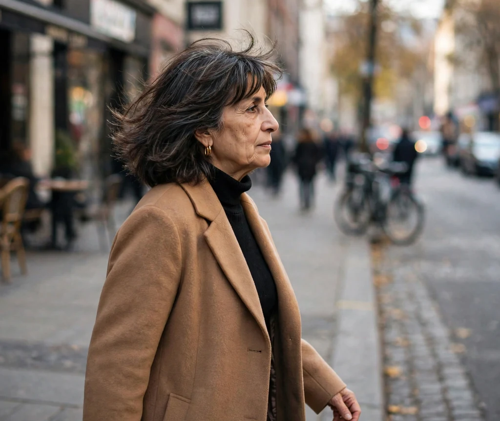 A Middle Eastern woman in her early 60s with dark brown layered cut and wispy bangs on a street