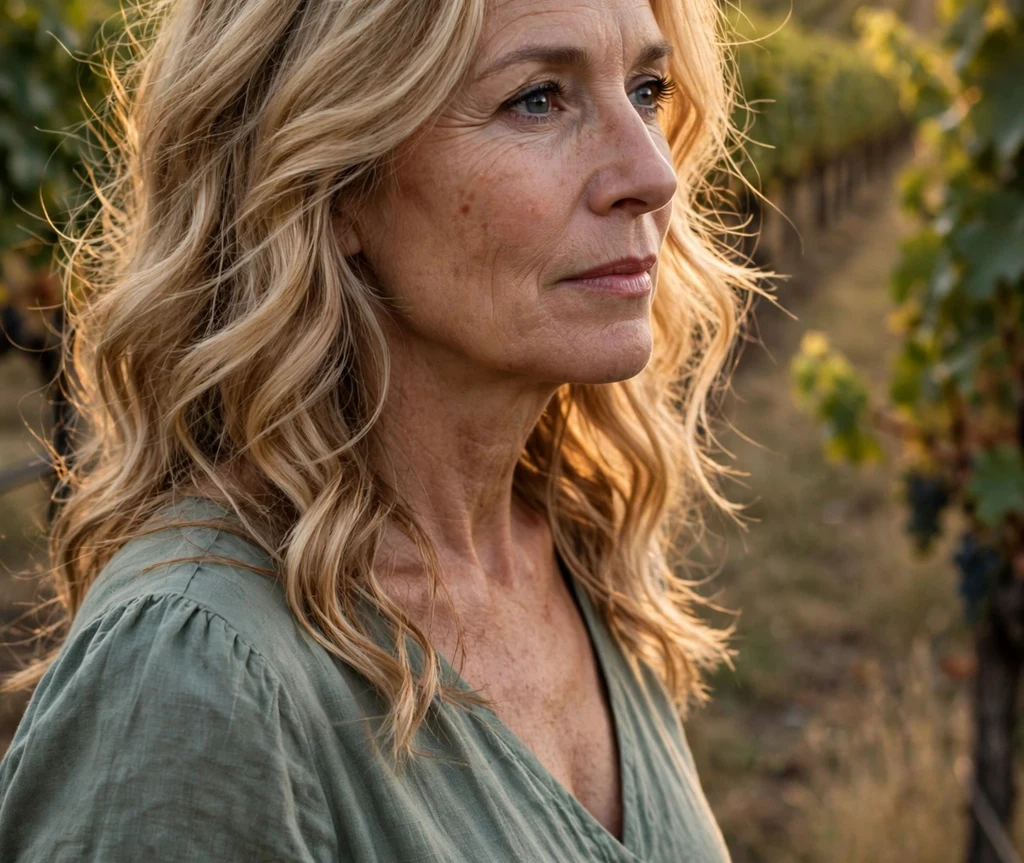A Caucasian woman in her mid 50s with honey-blonde romantic waves in a vineyard