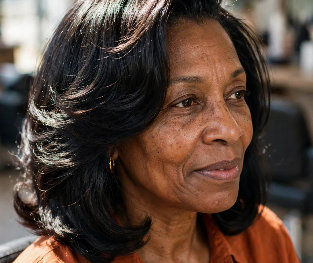 A Black woman in her late 50s with a smooth black blowout in a rust-orange blouse at a salon