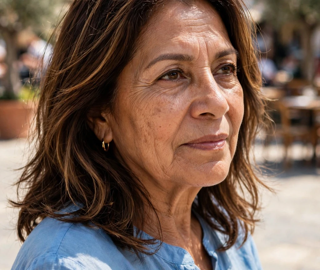 A Latina woman in her early 60s with chocolate brown highlighted layers in a sky-blue top at a plaza