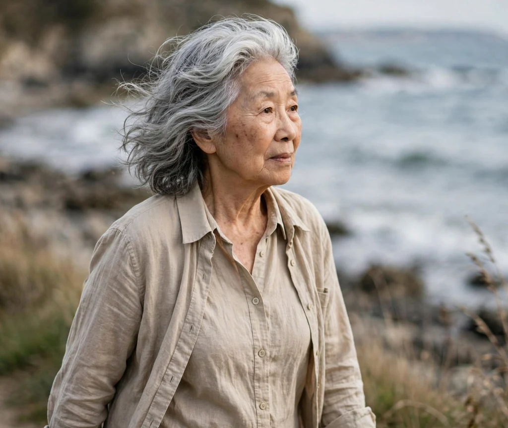 An East Asian woman in her early 70s with silver air-dried waves in a beige linen shirt by the sea