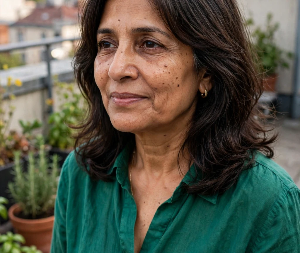 A South Asian woman in her mid 50s with dark brown curtain-layered shoulder cut on a rooftop