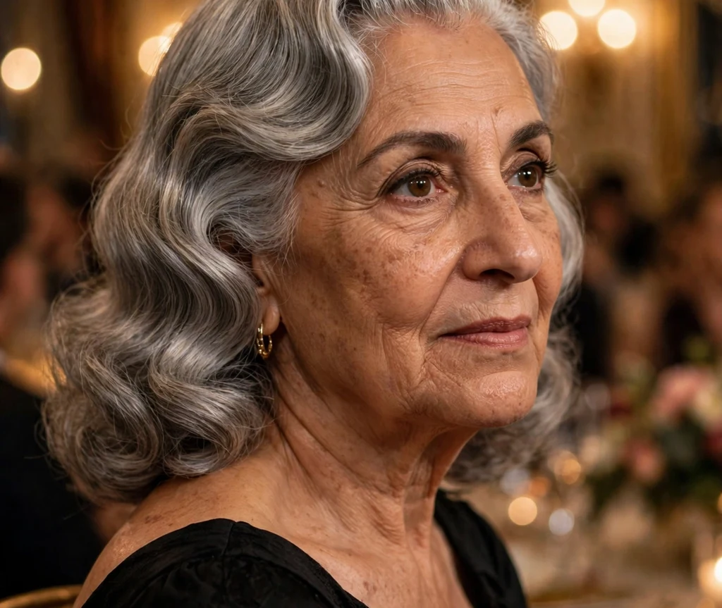 A Middle Eastern woman in her late 60s with silver vintage Hollywood waves in a black evening dress