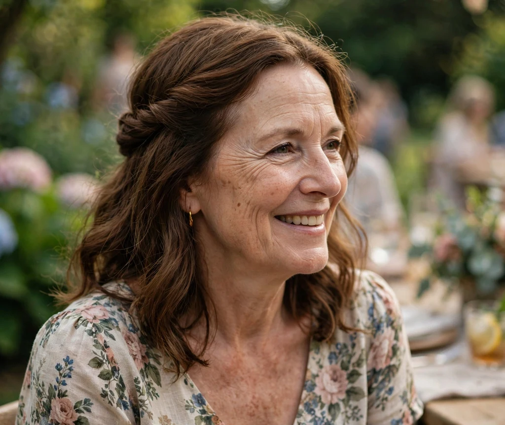 A Caucasian woman in her early 60s with warm brown half-up twisted hairstyle in a floral dress