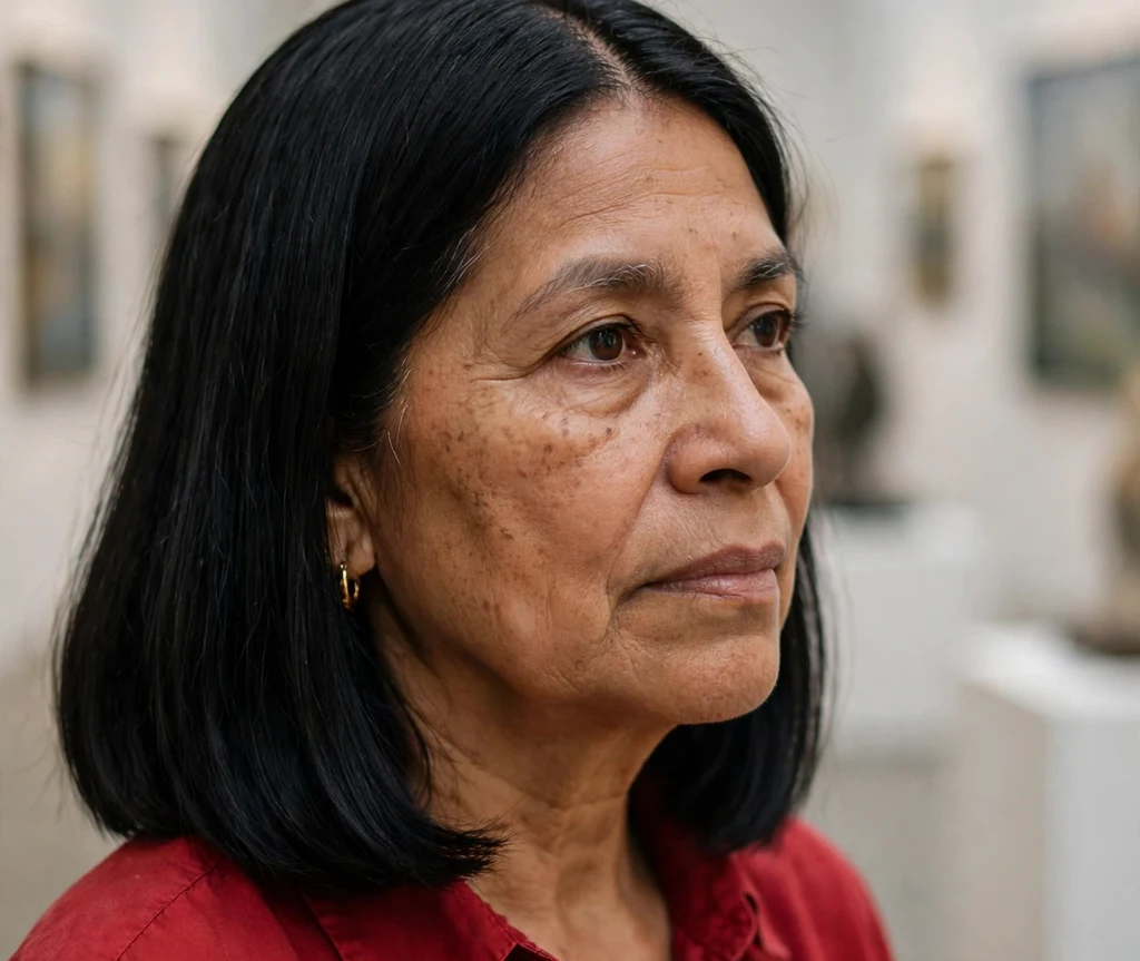 A Latina woman in her mid 50s with a sleek black center-part shoulder cut at an art gallery