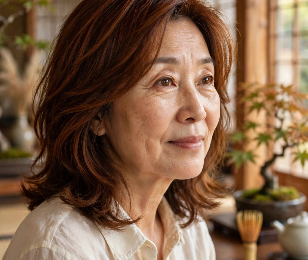 An East Asian woman in her late 50s with an auburn layered lob in a cream blouse at a tea house
