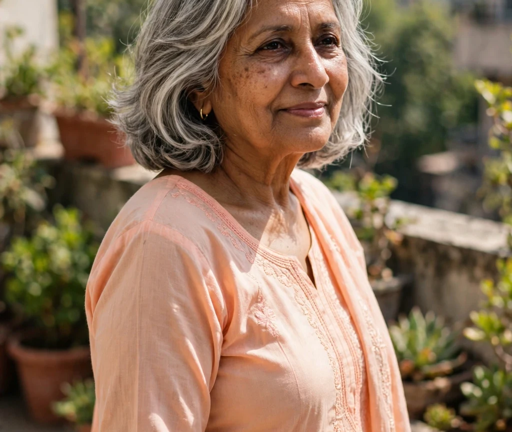 A South Asian woman in her early 70s with a white salt-and-pepper lob in a peach outfit on a terrace