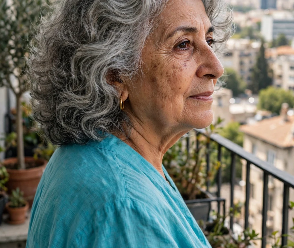 A Middle Eastern woman in her mid 60s with gray soft perm waves in a turquoise top on a balcony