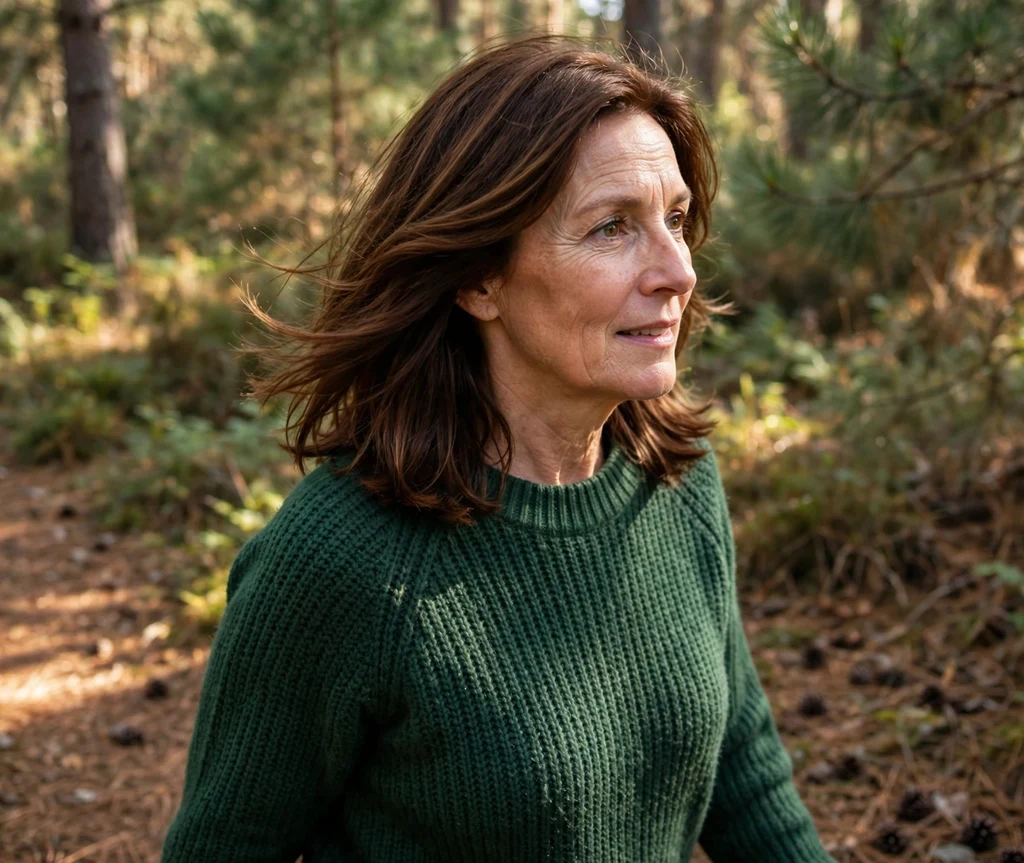 A Caucasian woman in her late 50s with glossy chestnut layers in a forest-green sweater in the woods