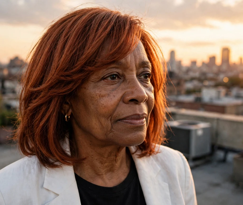 A Black woman in her early 60s with copper-red side-swept bangs cut in a white blazer on a rooftop