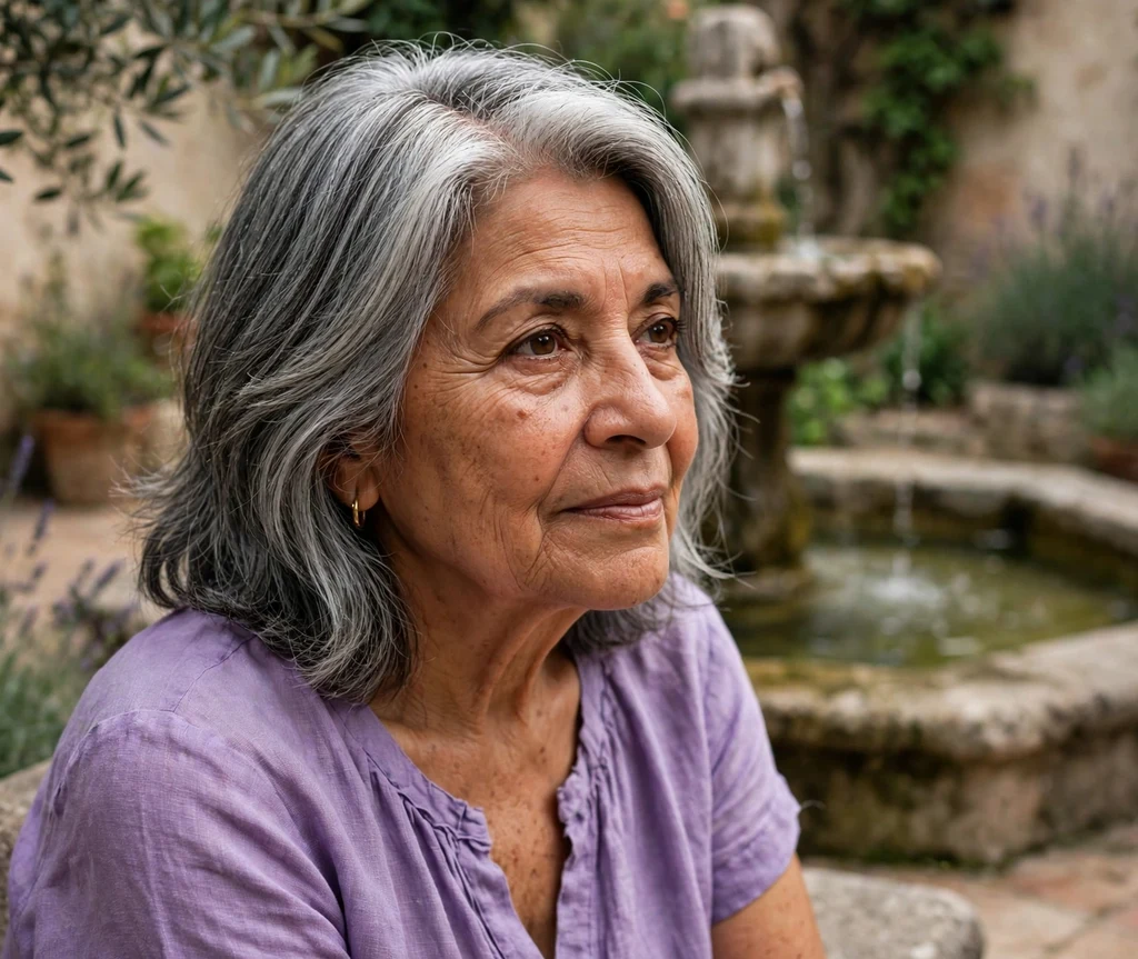A Latina woman in her early 70s with a silver-gray side-part lob in a lilac dress at a courtyard fountain