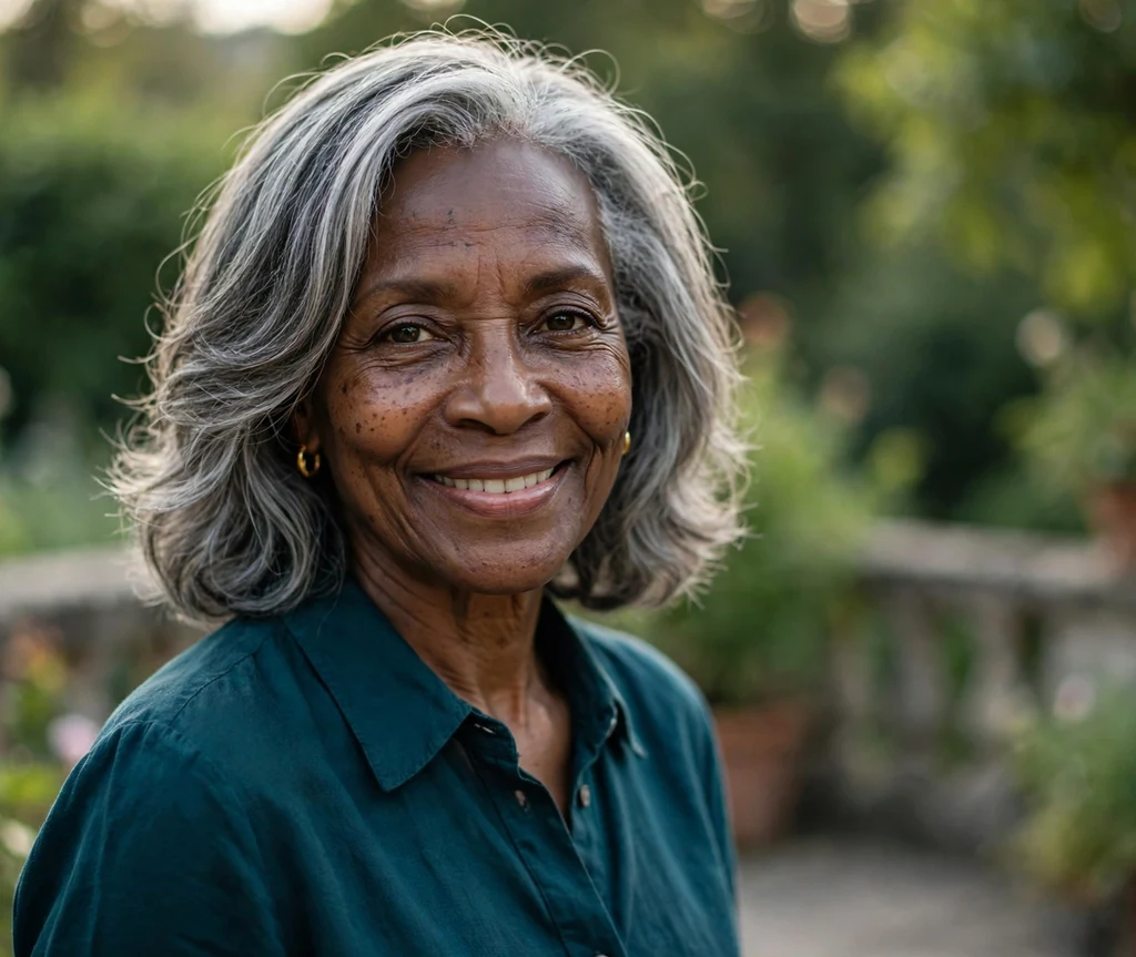 Elegant silver wavy layered shoulder-length haircut on a Black woman in her early 60s wearing a teal blouse, garden terrace