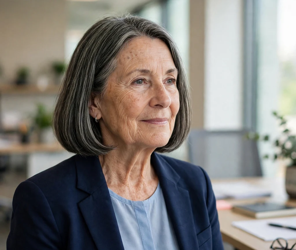Classic smooth shoulder-length bob with gray streaks on a white woman in her mid 60s wearing a navy blazer, modern office