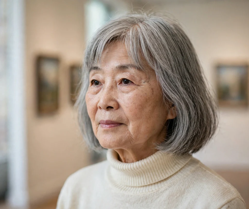 Silver lob with curtain bangs on an East Asian woman in her early 70s wearing a cream turtleneck, art gallery