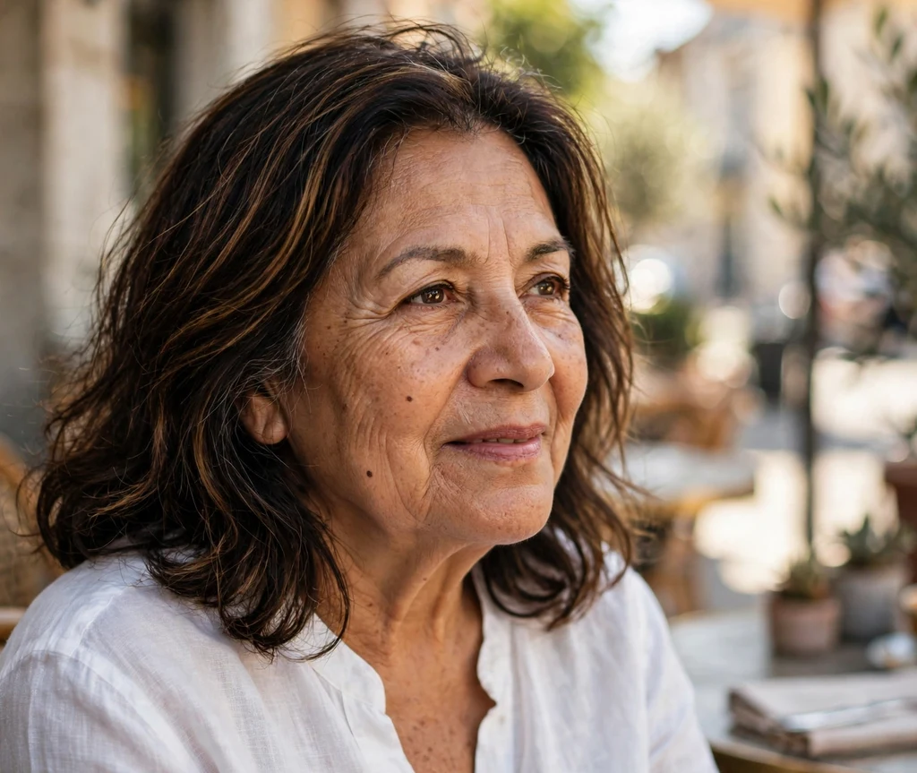 Shoulder-length soft waves with caramel highlights on a Latina woman in her mid 60s wearing a white linen blouse, café terrace