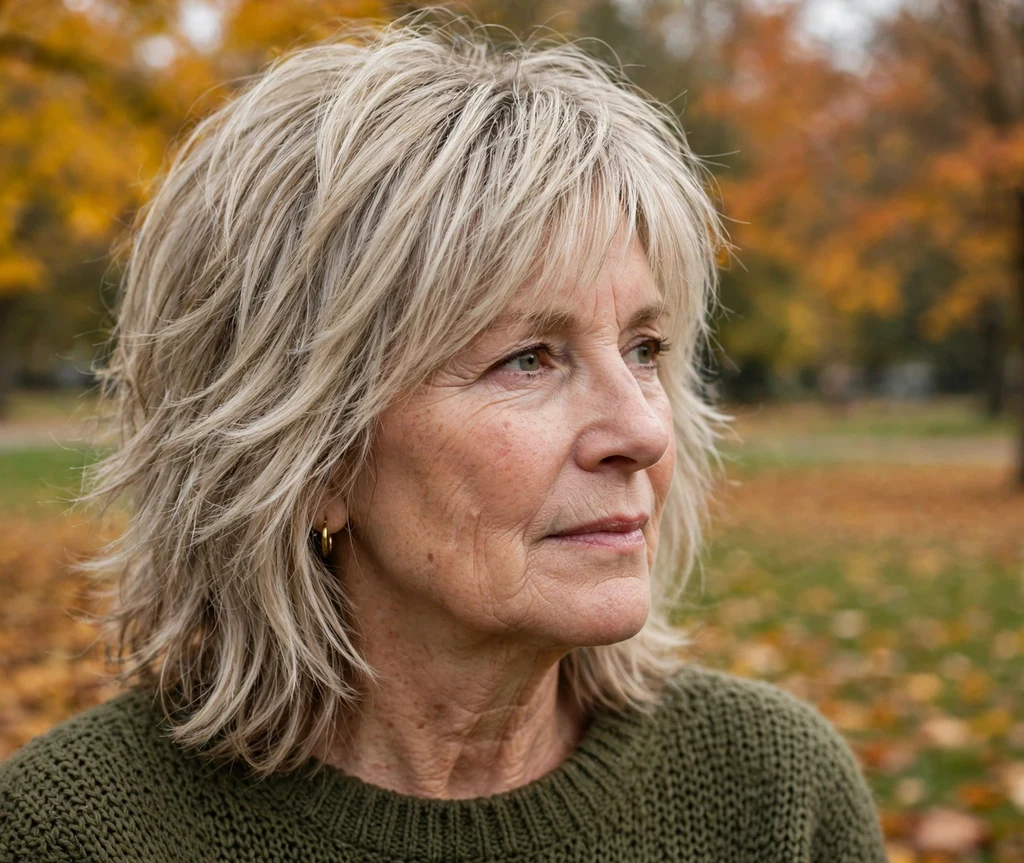 Textured mid-length shag with layers on a white woman in her early 60s wearing an olive sweater, autumn park