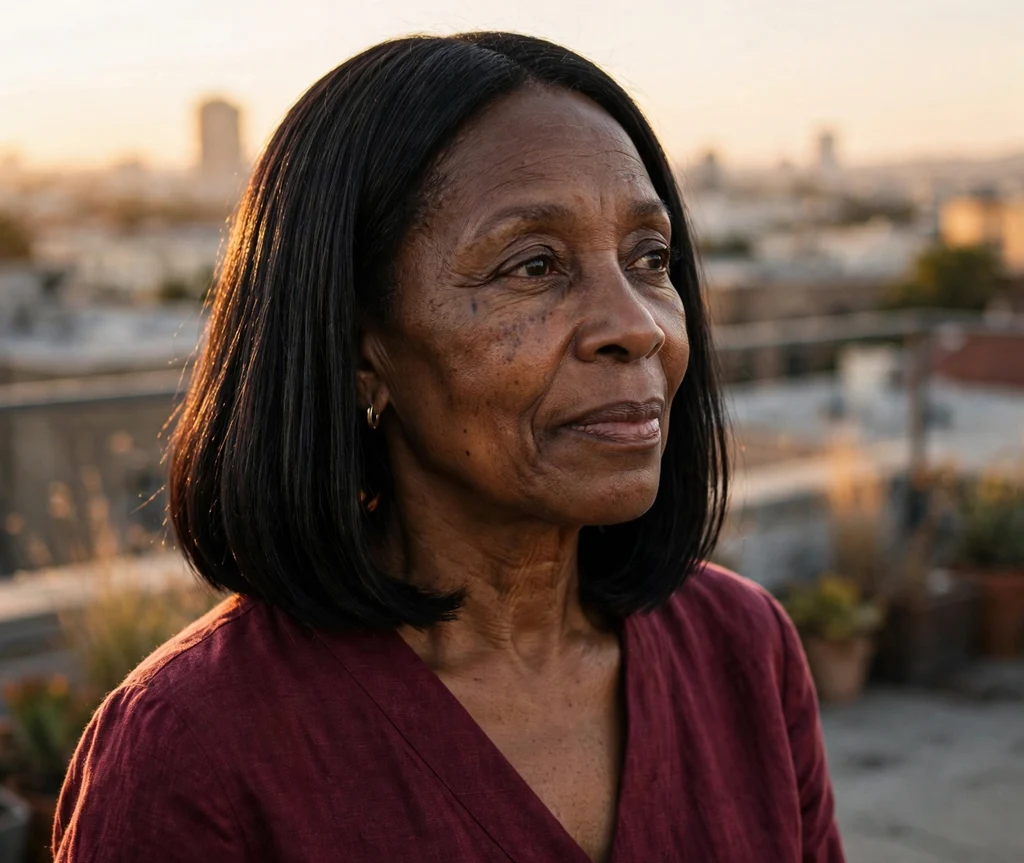 Sleek straight shoulder-length bob on jet black hair on a Black woman in her late 60s wearing a burgundy dress, city rooftop