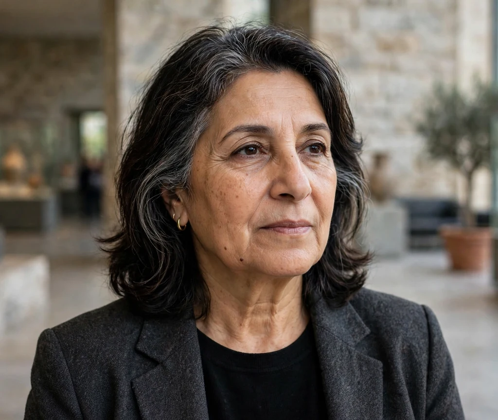 Layered collarbone-length haircut with gray at the temples on a Middle Eastern woman in her early 60s wearing a charcoal blazer, museum lobby