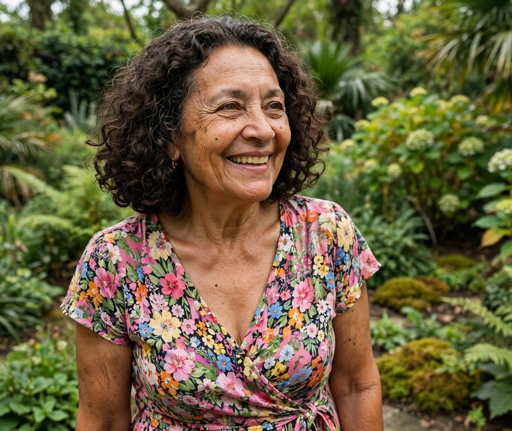 Shoulder-length curly bob with defined dark brown curls on a mixed-race woman in her mid 60s wearing a floral dress, botanical garden