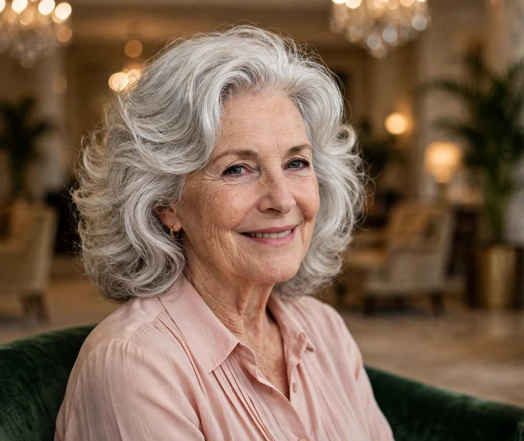 Voluminous mid-length blowout in silver-white hair on a white woman in her late 60s wearing a blush pink blouse, hotel lobby