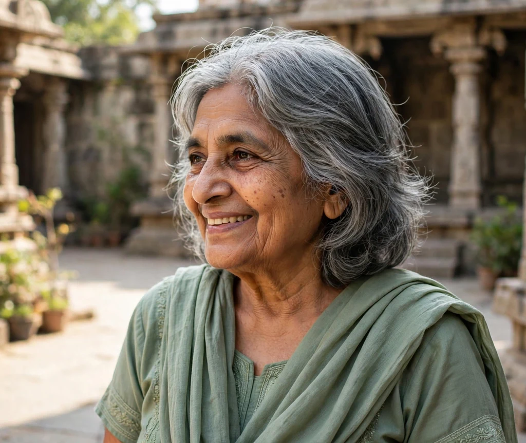 Feathered mid-length gray layers on a South Asian woman in her early 70s wearing a sage green salwar kameez, temple courtyard